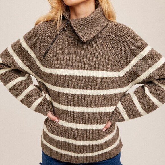 HEM & THREAD Brown White Striped Quarter Zip Sweater, Cozy Knit Pullover - Picture 2 of 6
